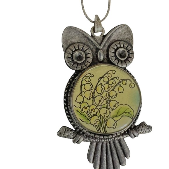 Vintage Owl Pendant Necklace 17" With Lily Of The Valley Art Nouveau Steam Punk - Picture 2 of 6